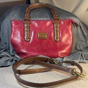 Elegant Red/Brown Tignanello Leather Handbag w/Removable Long Crossbody Strap